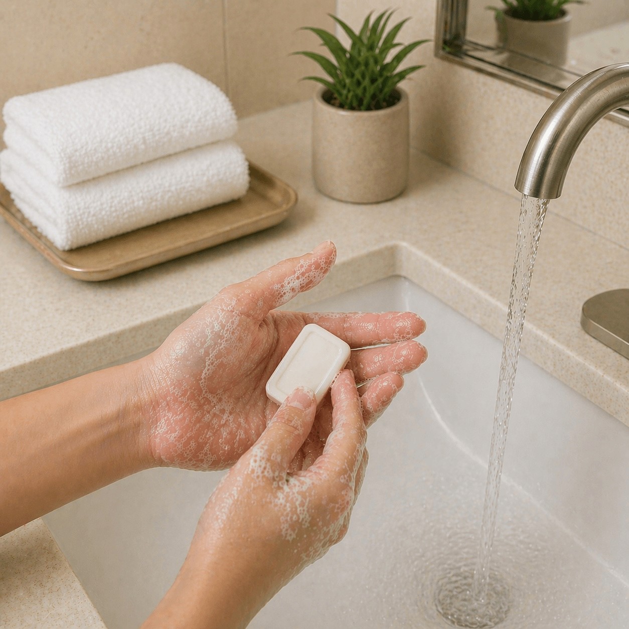 Close-up of a person washing hands with a small white bar soap under running water in a hotel bathroom sink, with soft lighting, folded towels, and a clean spa-like setting in the background.