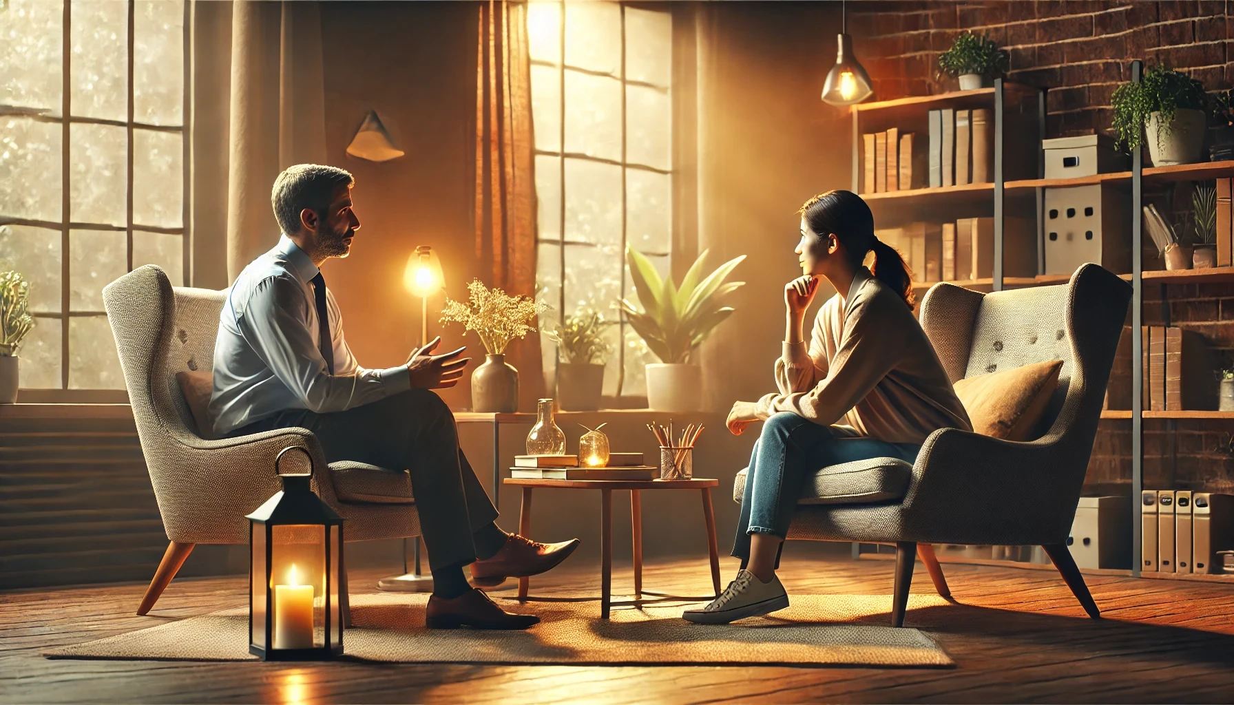 Blog cover image depicting a coaching session in a cozy, well-lit office setting. A middle-aged Caucasian male coach and a young Asian female client are engaged in a deep, focused conversation, sitting in comfortable chairs across a coffee table with books and a plant, symbolizing a strong bond of trust and a warm, reassuring atmosphere.