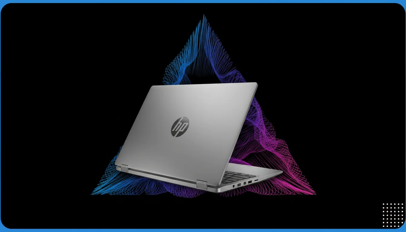 Professional product photography of a sleek silver HP laptop, shot from a rear three-quarter angle, partially open and positioned diagonally. The laptop has a matte metallic finish, highlighted by soft studio lighting. The background is solid black, featuring a large, abstract triangular shape with a vibrant, undulating 3D texture of glowing vertical fibers in a deep blue and magenta gradient. A thin blue frame with rounded corners encloses the composition, with a small white dot grid in the bottom right corner.