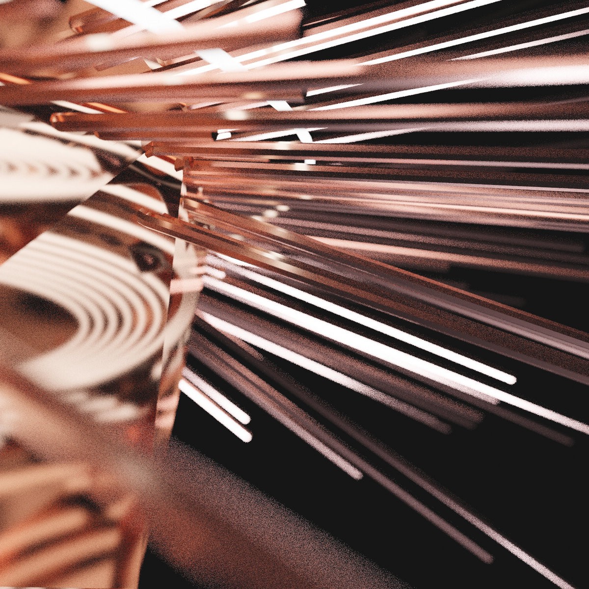 Abstract close-up of metallic rods and beams of light radiating outward, creating a dynamic, reflective pattern.