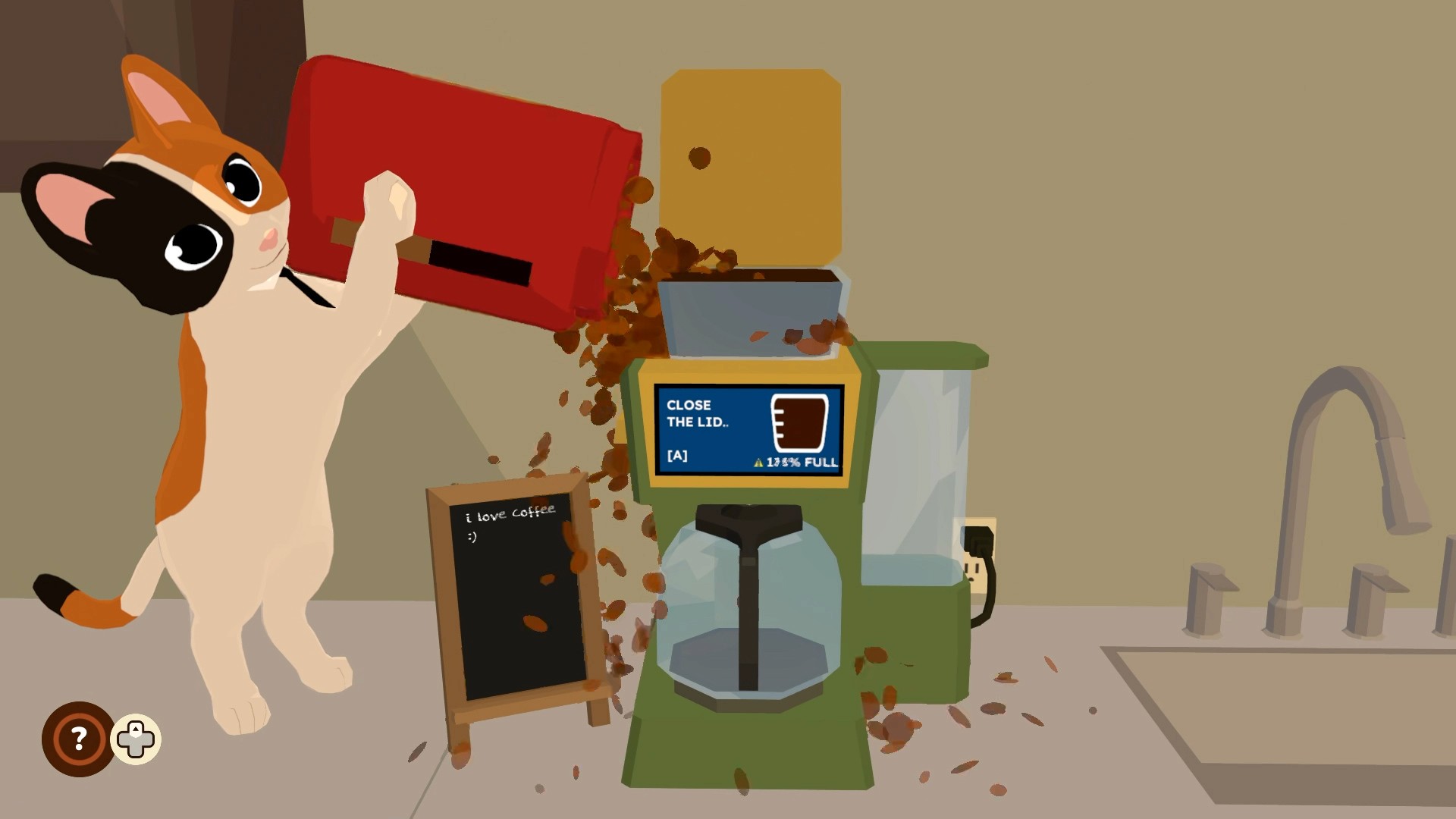 Cat Secretary pouring coffee beans into a coffee machine
