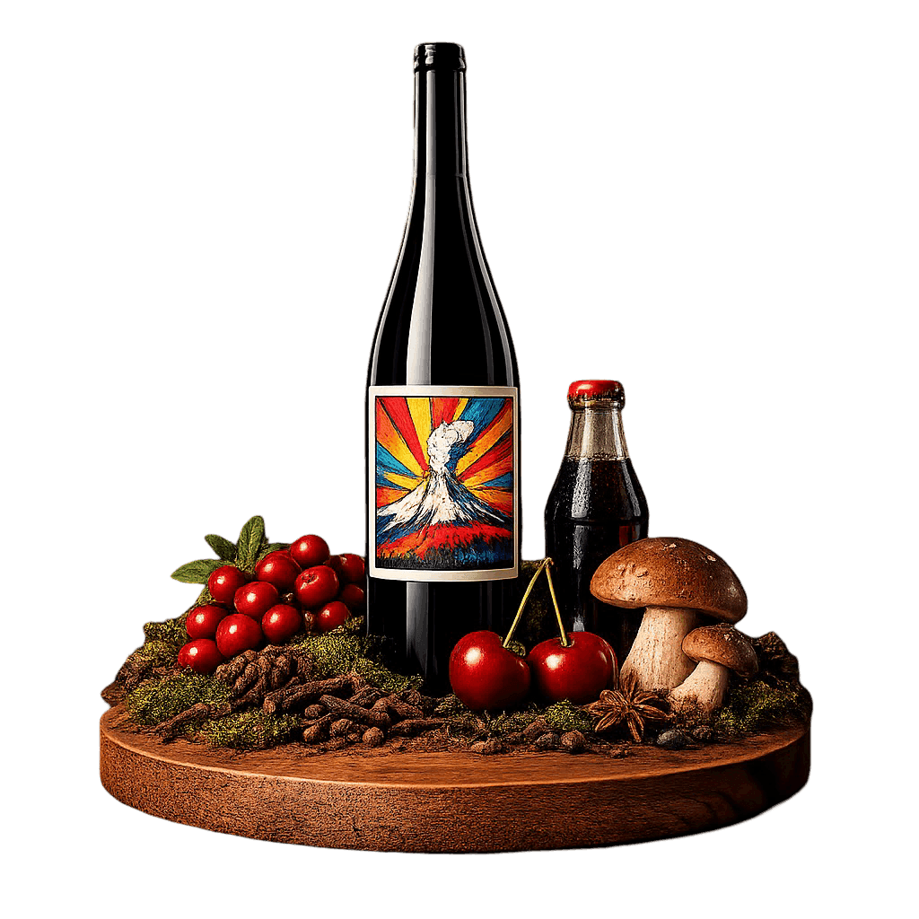 Artistic label and flavor profile for Oregon Pinot Noir on a rustic wooden table.