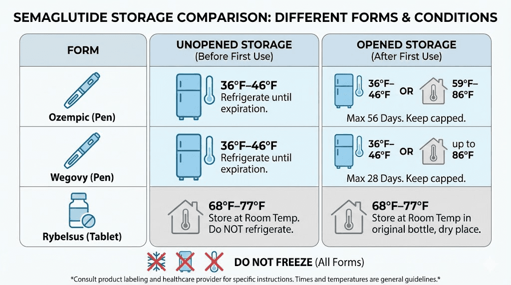 Proper storage temperatures for Ozempic, Wegovy, compounded semaglutide, and Rybelsus