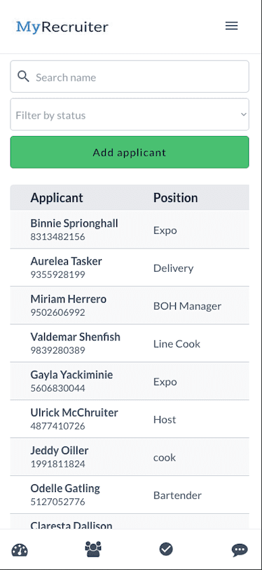 A screenshot of MyRecruiter's dashboard on a phone
