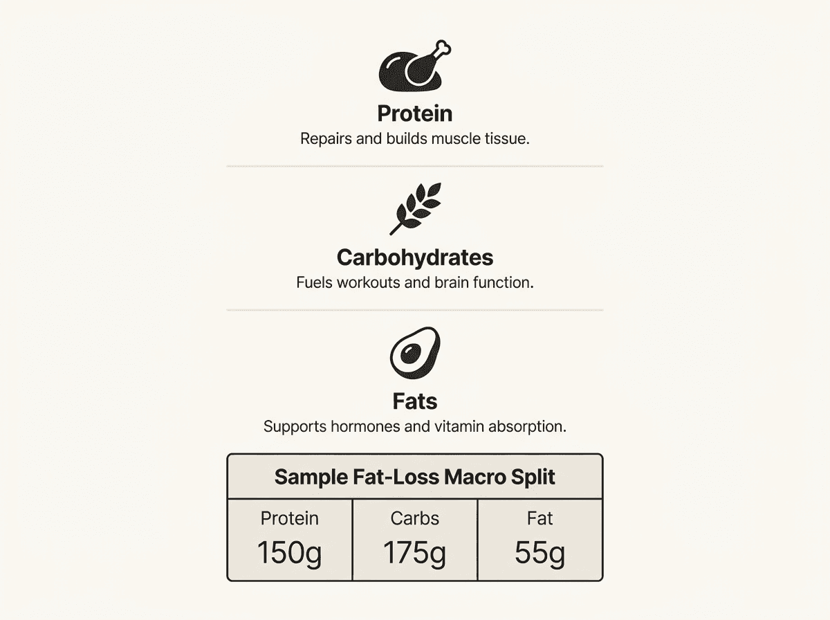 Infographic explaining macronutrients protein carbs and fats for macro tracking