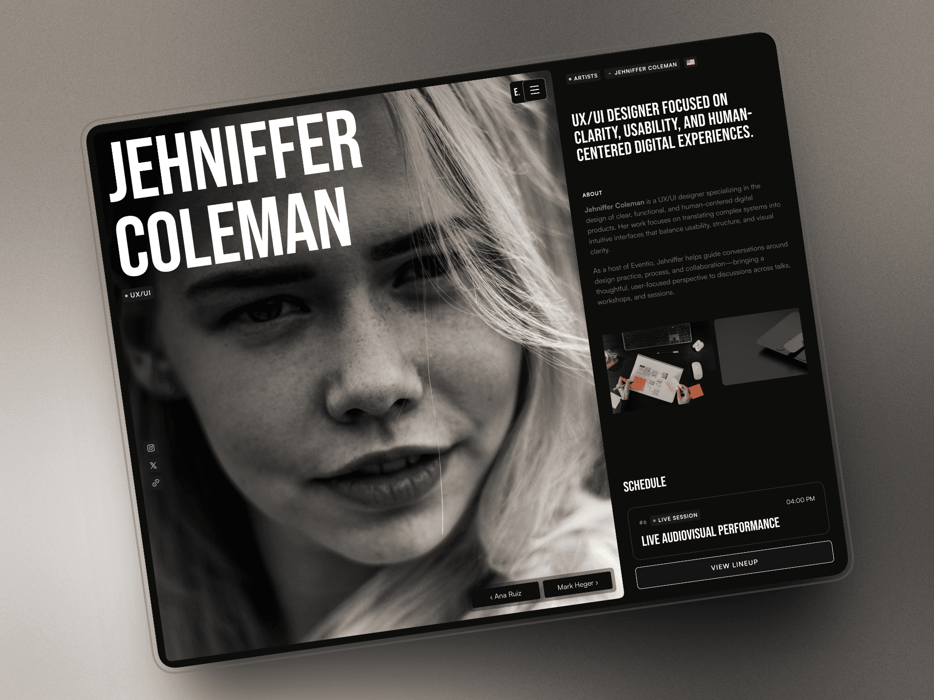 A clean mockup of Eventio template, over a grey gradient