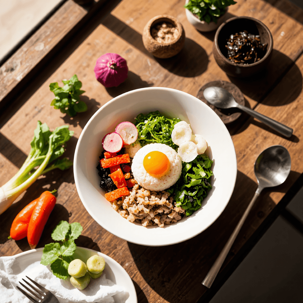 product photography of a bowl of Yukhoe bibimbap