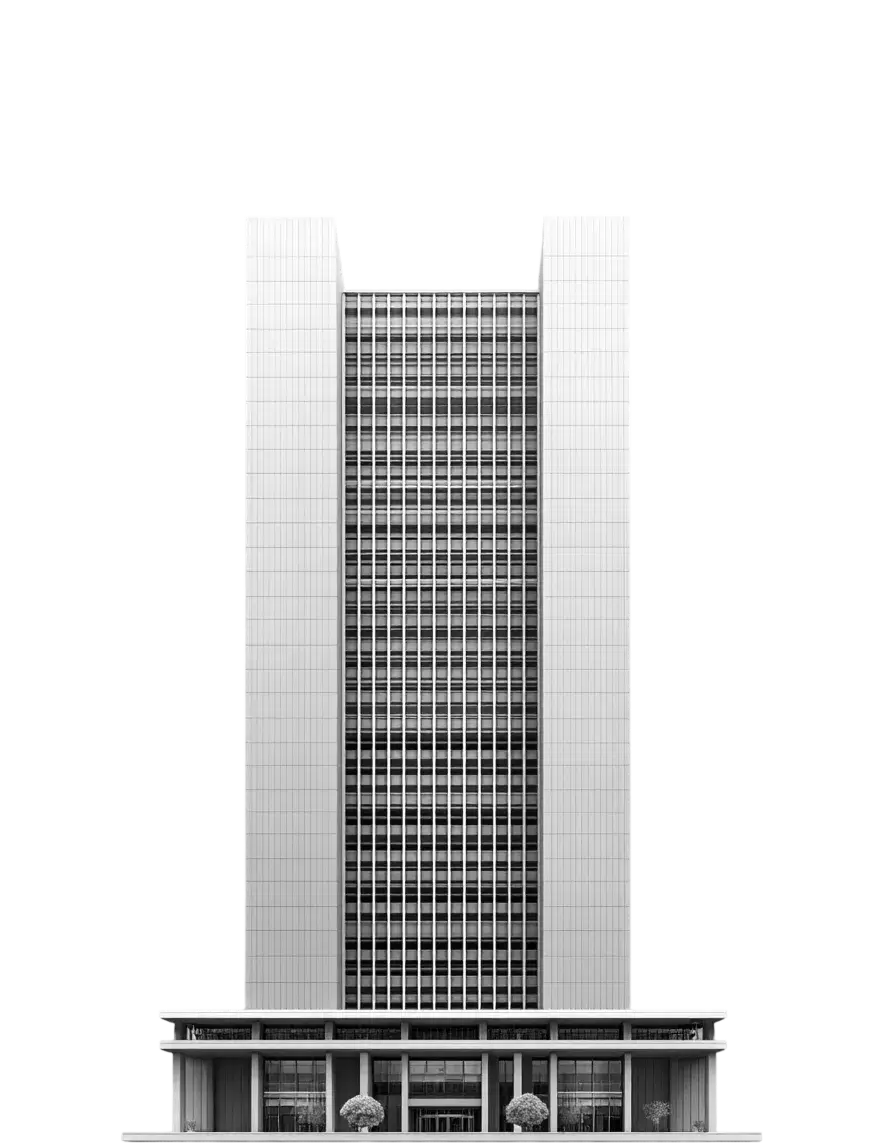 Tour de bureaux contemporaine avec façade centrale quadrillée encadrée par deux volumes latéraux massifs.