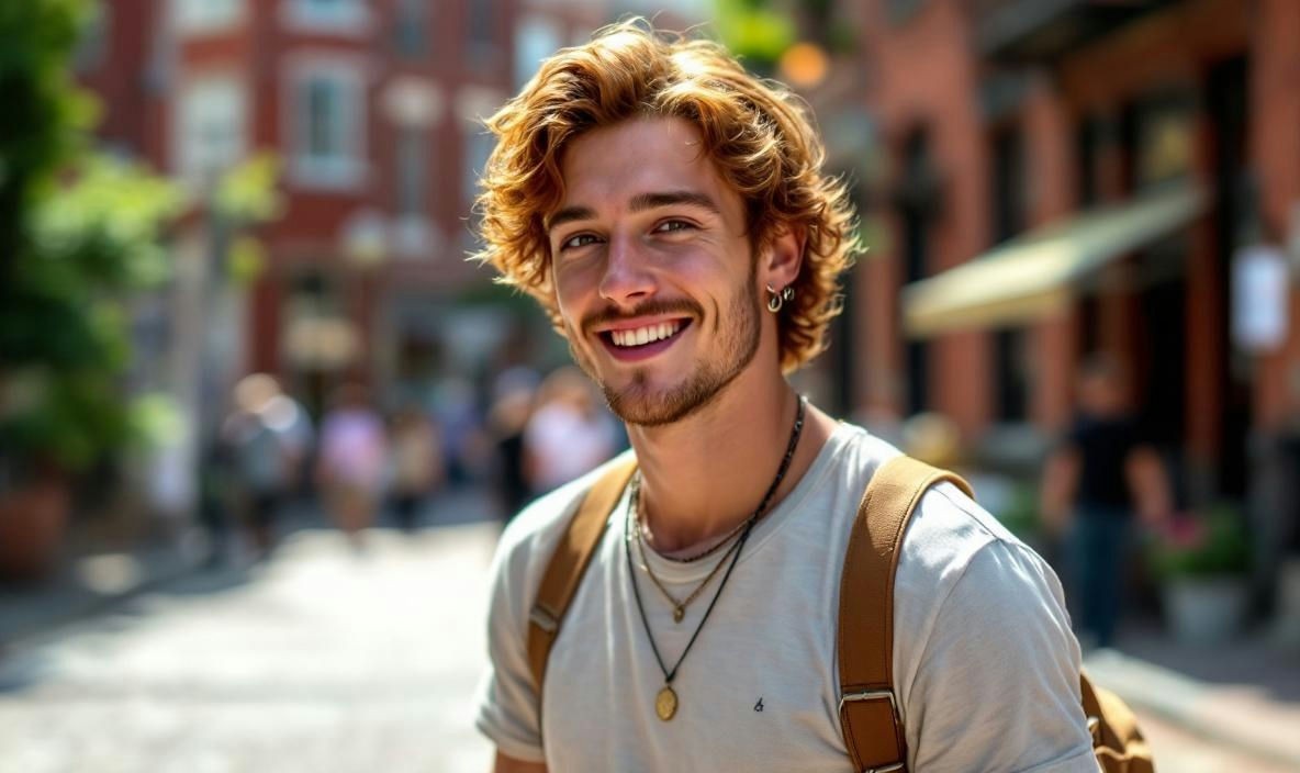 Man wearing a grey t-shirt and a backpack
