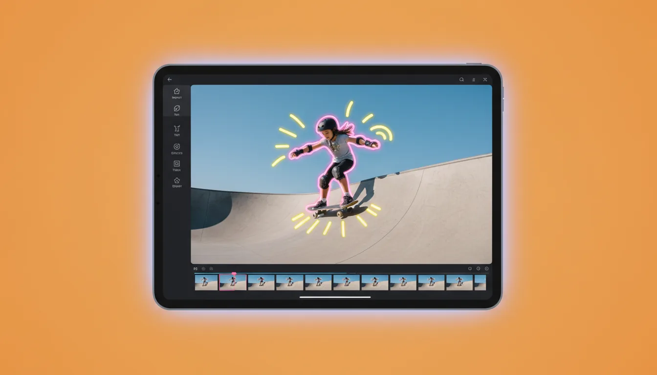 Product shot of an iPad in landscape orientation, centered on a vibrant orange background with a subtle, glowing blue inner frame. The iPad screen displays a creative video editing application in a clean dark mode. The UI features a vertical toolbar with simple white icons on the left and a horizontal timeline with video frame thumbnails at the bottom. The main canvas shows a bright, sunny photograph of a young girl in a helmet skateboarding down a concrete ramp against a vivid blue sky. The image is actively being edited with energetic, hand-drawn neon doodles; a glowing pink outline traces the skateboarder, while bright yellow and pink lines and swirls add a sense of motion.