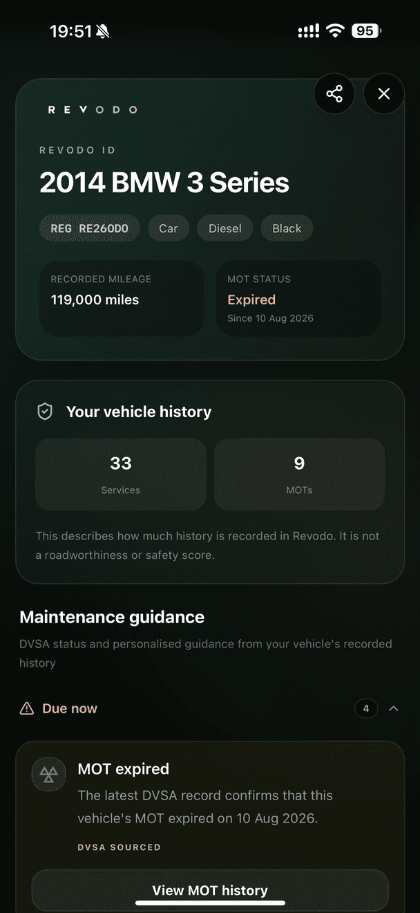 Approved Revodo shared timeline showing vehicle history and maintenance guidance