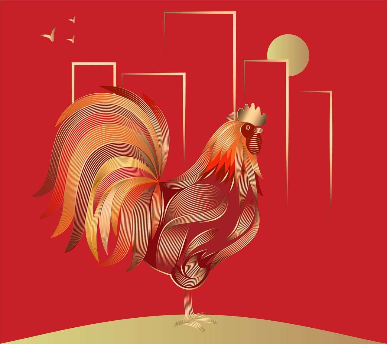 Rooster illustration in red colour with golden lines.