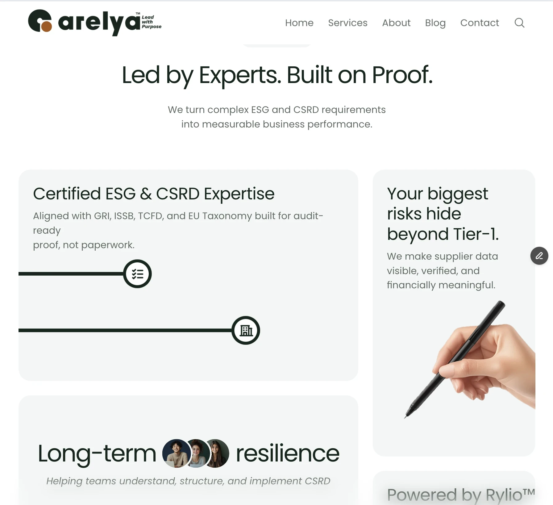 Section du site Arelya présentant son expertise certifiée en ESG et CSRD pour la gestion des risques et la résilience des chaînes d’approvisionnement.eil de la plateforme Arelya dédiée à la gestion des risques ESG et à la conformité des chaînes d’approvisionnement.