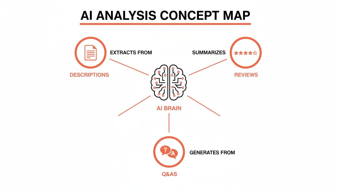 An AI analysis concept map showing how an AI brain extracts from descriptions, summarizes reviews, and generates from Q&As.