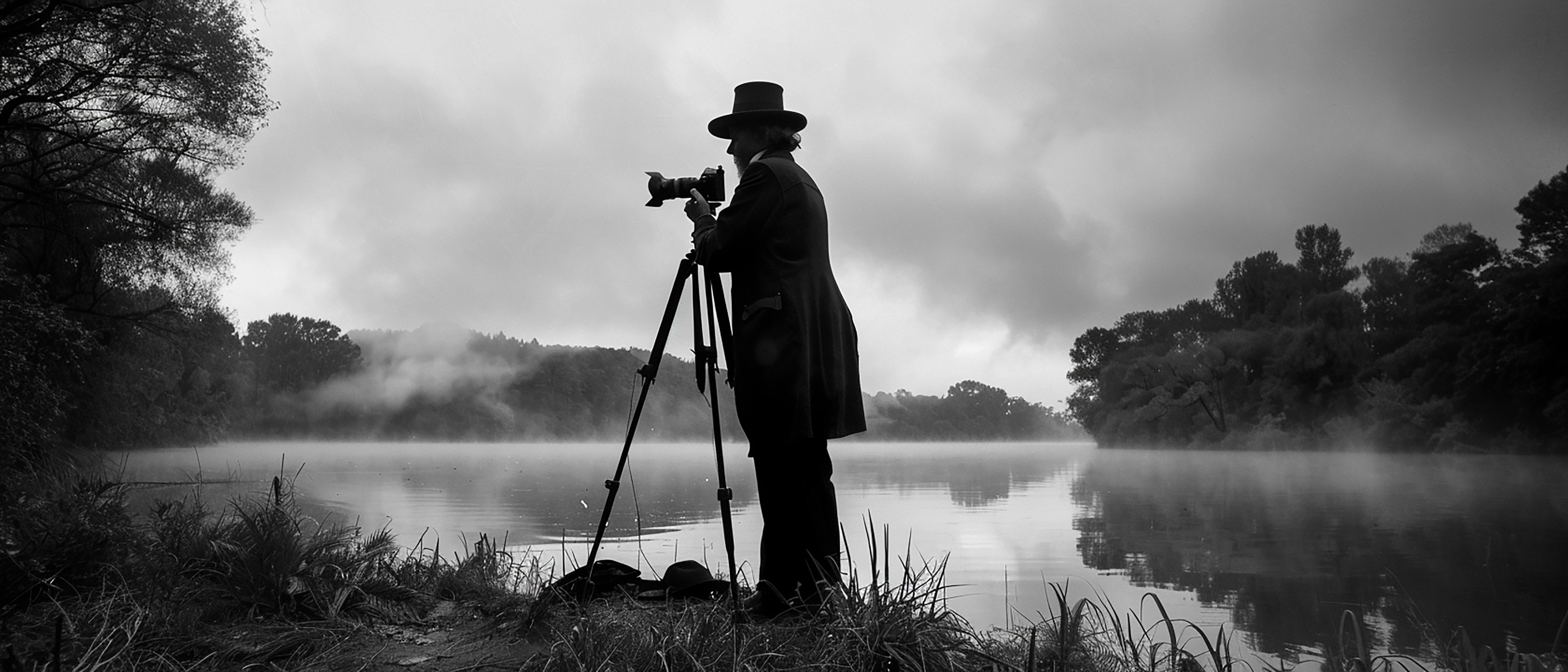 Black and white silhouette of a photographer with a tripod at a foggy lake.