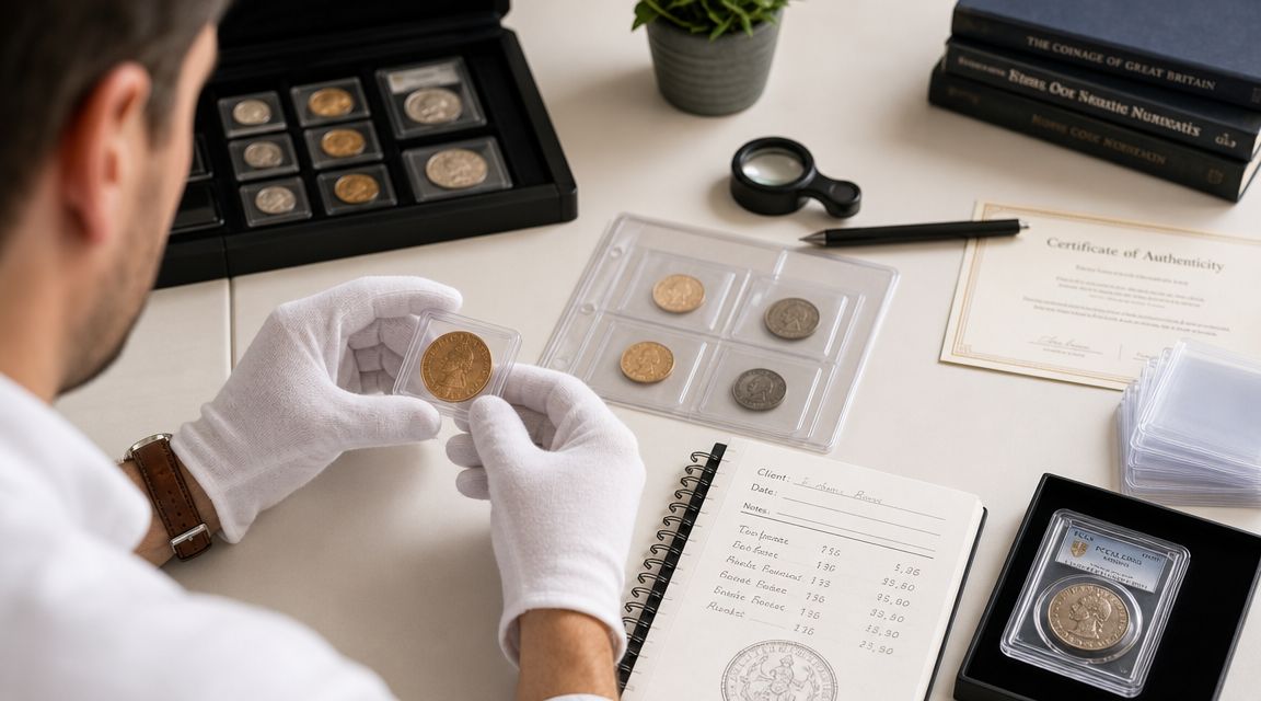 A numismatist examining a rare gold coin while wearing white cotton gloves at a desk with collector supplies.