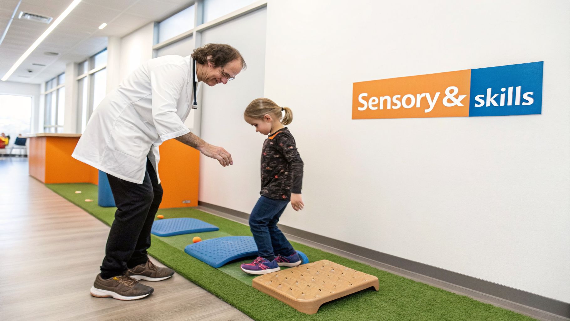 A man assists a young girl walking on balance boards during a sensory therapy session.