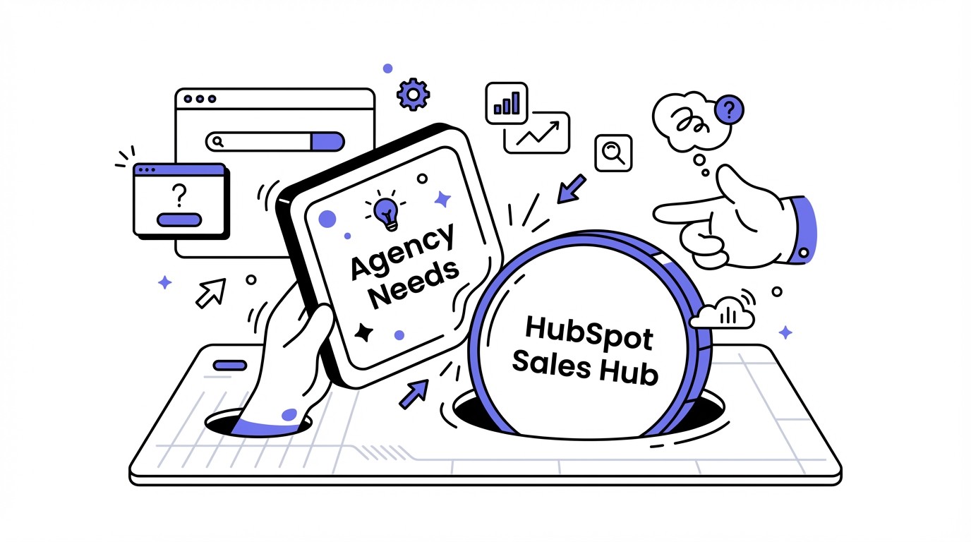 Illustration of a square peg labeled 'Agency Needs' trying to fit into a round hole labeled 'HubSpot Sales Hub', symbolizing incompatibility and a poor fit.