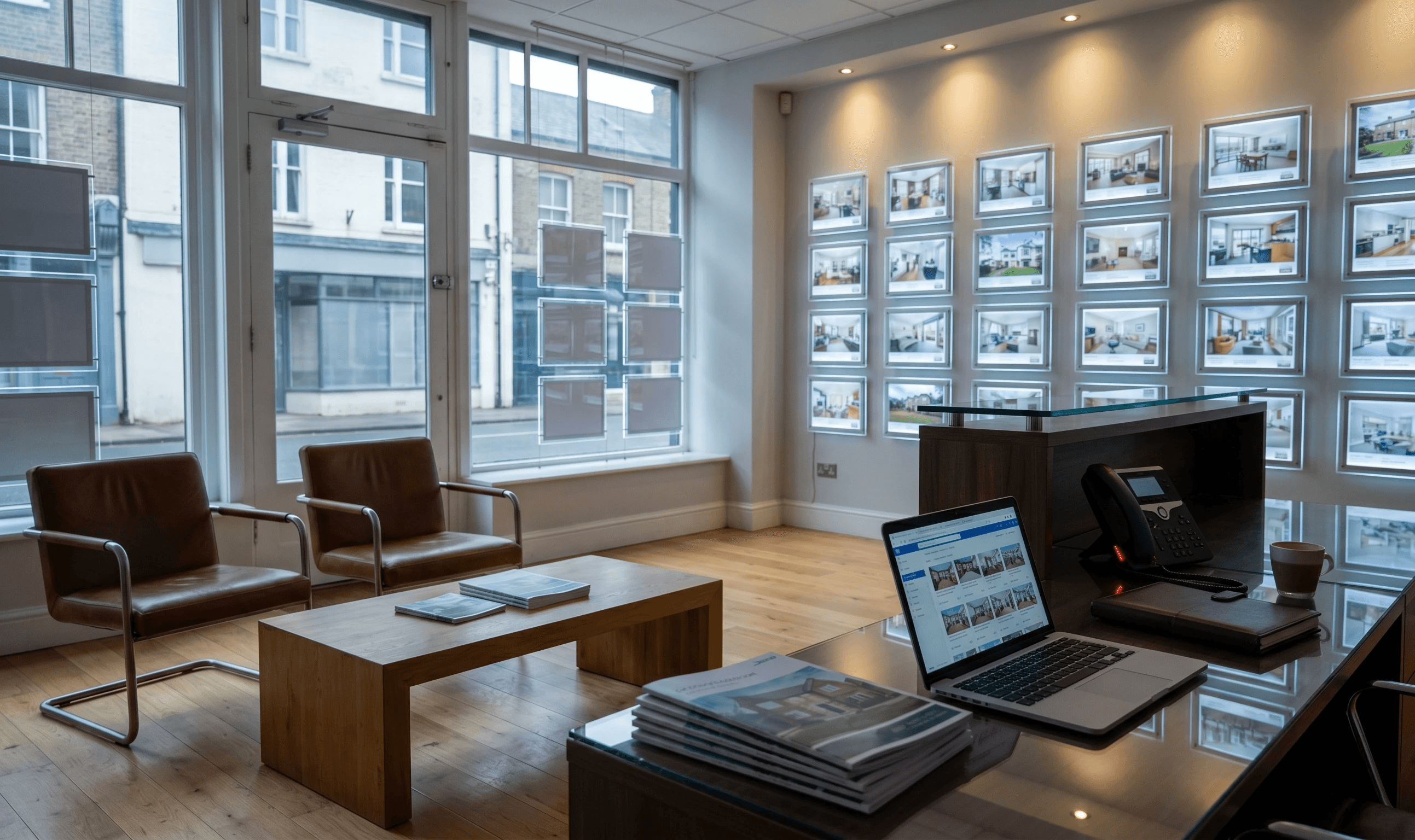 Empty UK estate agency reception with phone showing a missed call indicator and illuminated property listings on the wall — represents vendor valuation calls lost when agents are out at viewings.