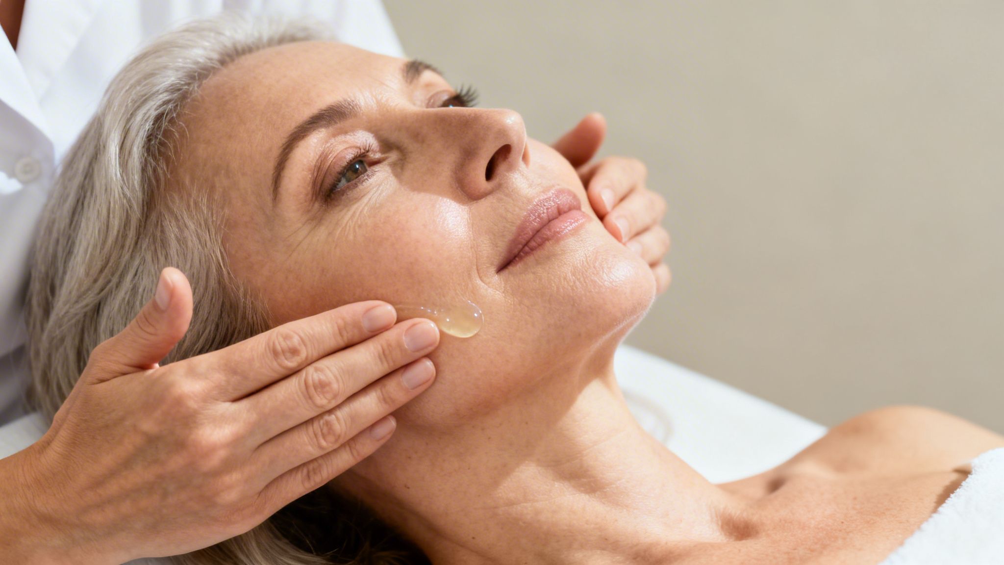 A serene senior woman enjoying a professional facial treatment, with a clear gel being applied to her skin.