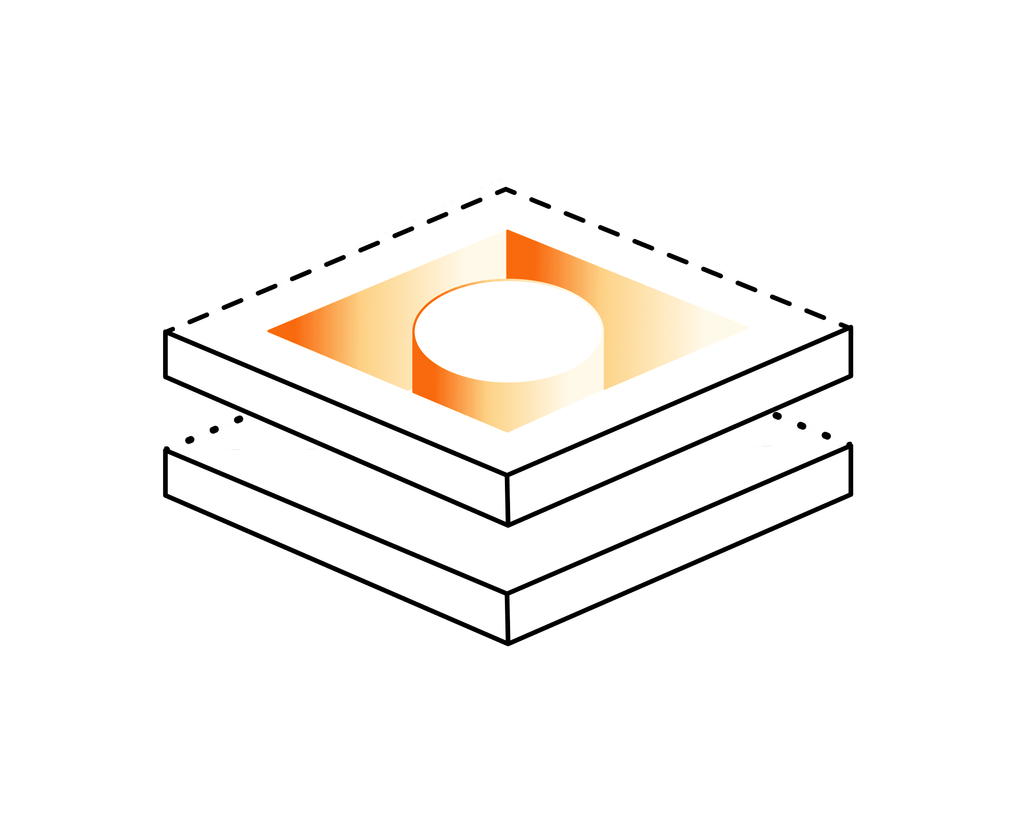 Icon of layered square shapes with a glowing circle at the center, featuring warm orange and white colors.