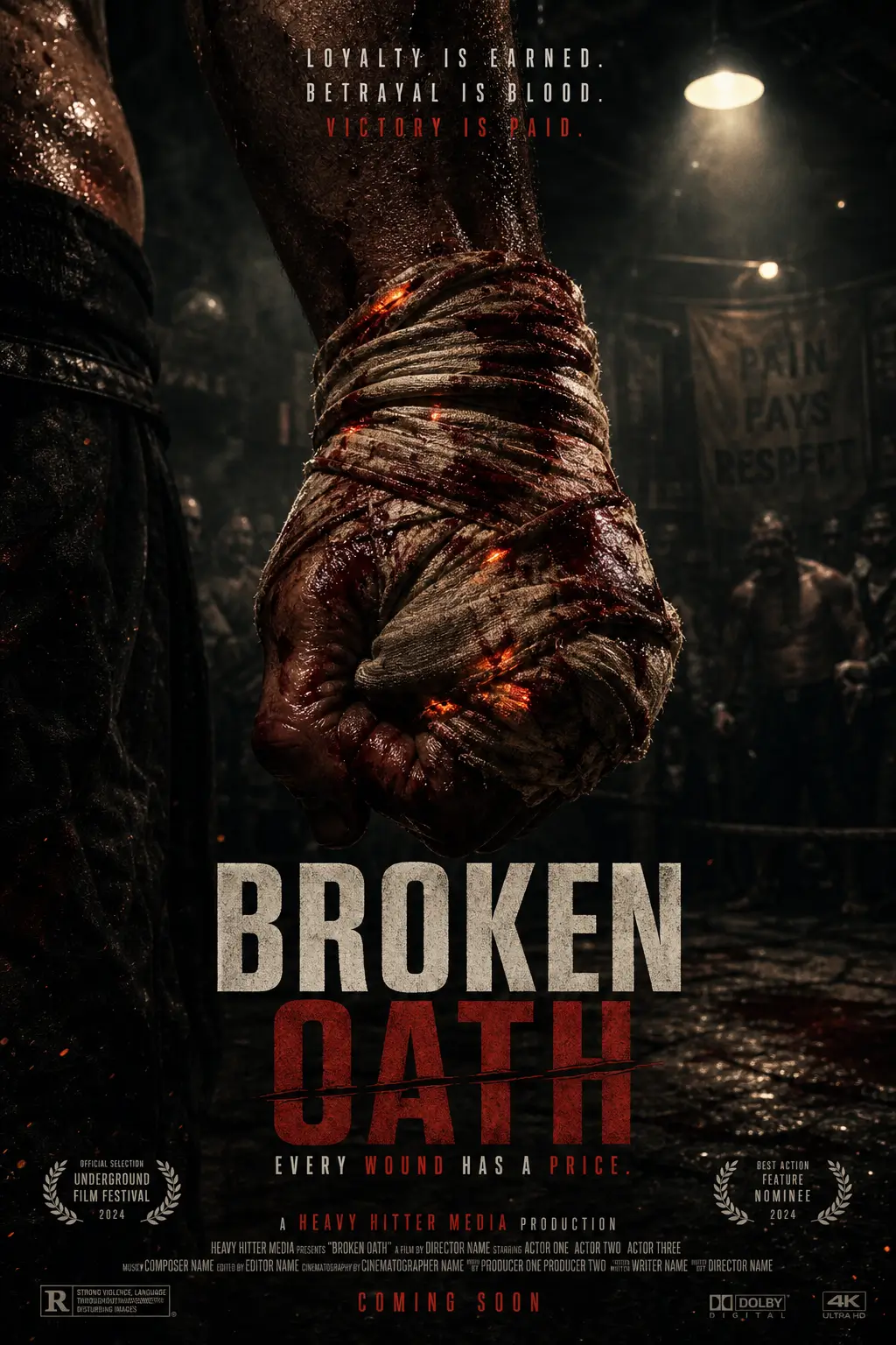AI-generated action drama poster featuring a wounded clenched fist surrounded by smoke and underground fight arena lighting.