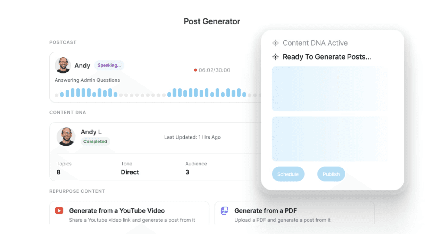 An example of Supergrow's PostCast feature in action, demonstrating two different users being interviewed to generate AI LinkedIn content