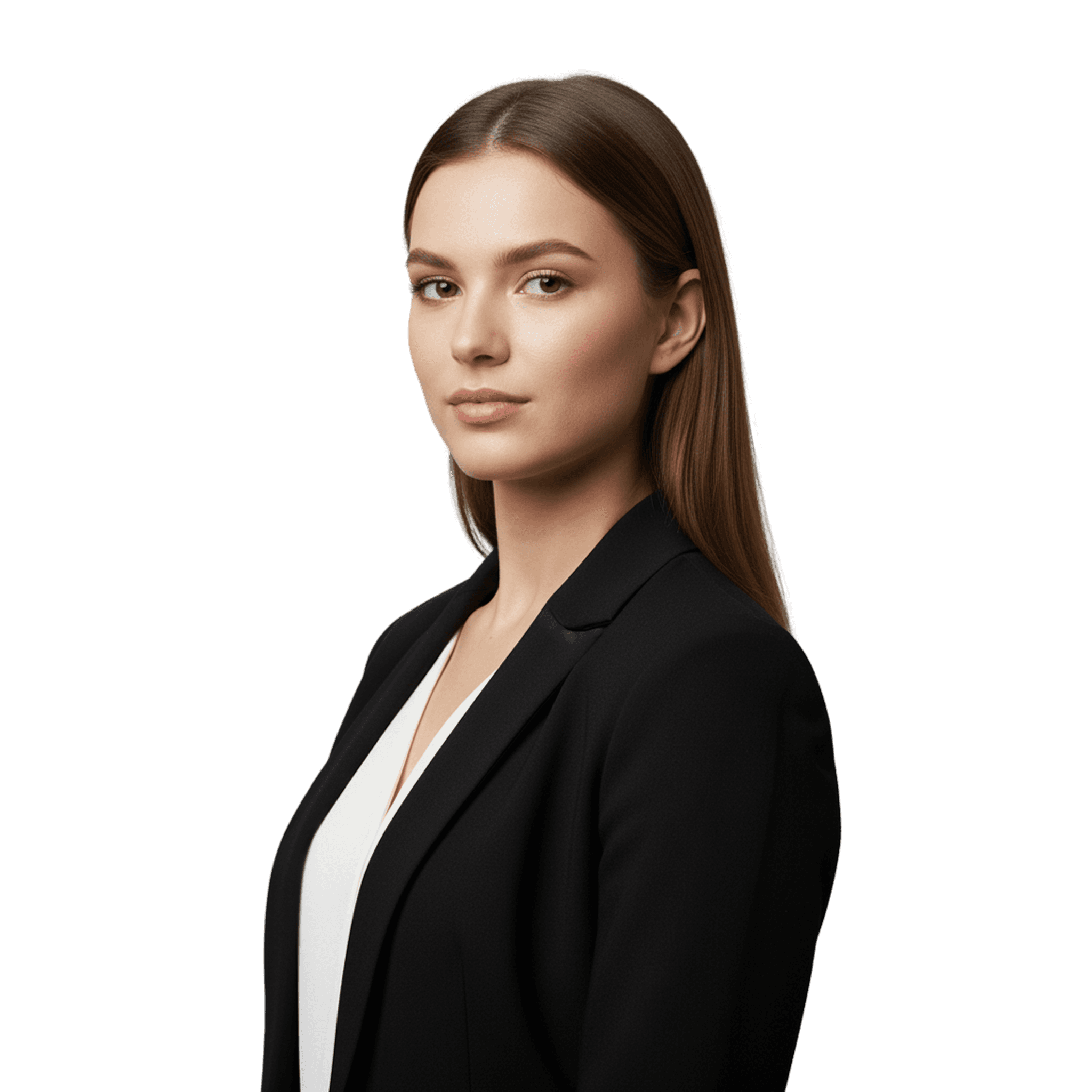 A professional woman with long brown hair, wearing a black blazer and white shirt. Looking directly at the camera.
