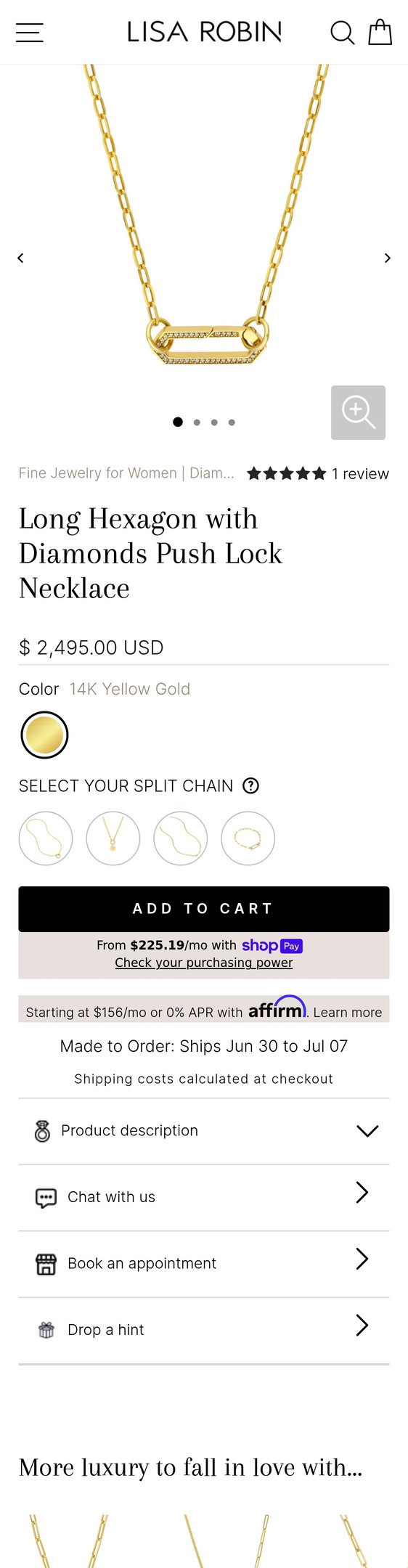 Jewelry product options include: necklace, chain for Long Hexagon with Diamonds Push Lock Necklace from Lisa Robin.