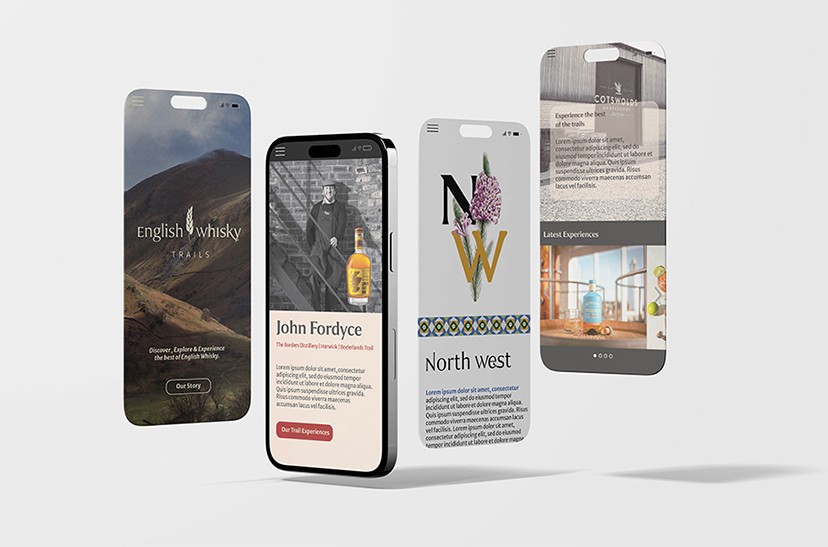 English Whisky Trails website concept mockup on 4 mobile devices