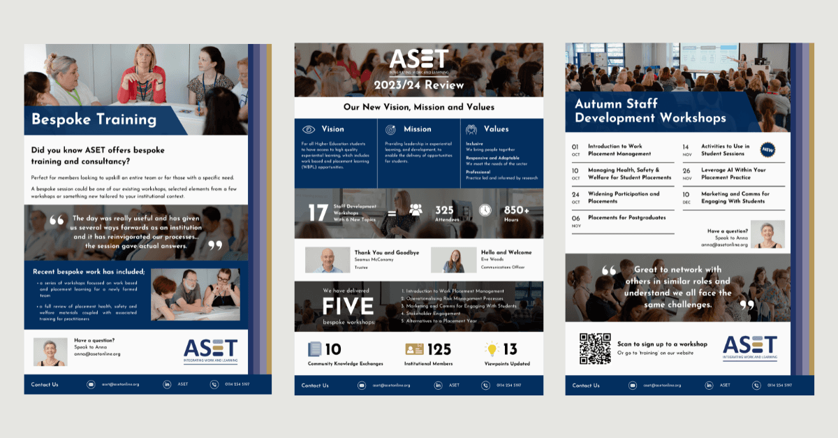 Series of three posters promoting different ASET services and a year in review.