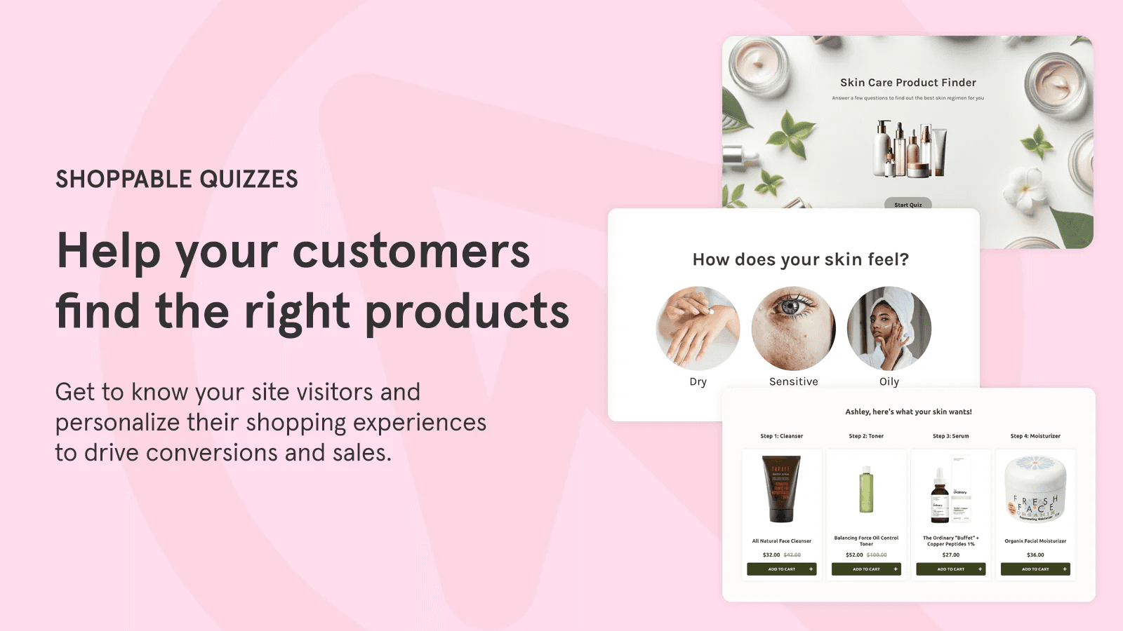 RevenueHunt Shop Quiz interface showing a skincare product finder with a "How does your skin feel?" question and visual answer options for dry, sensitive, and oily skin