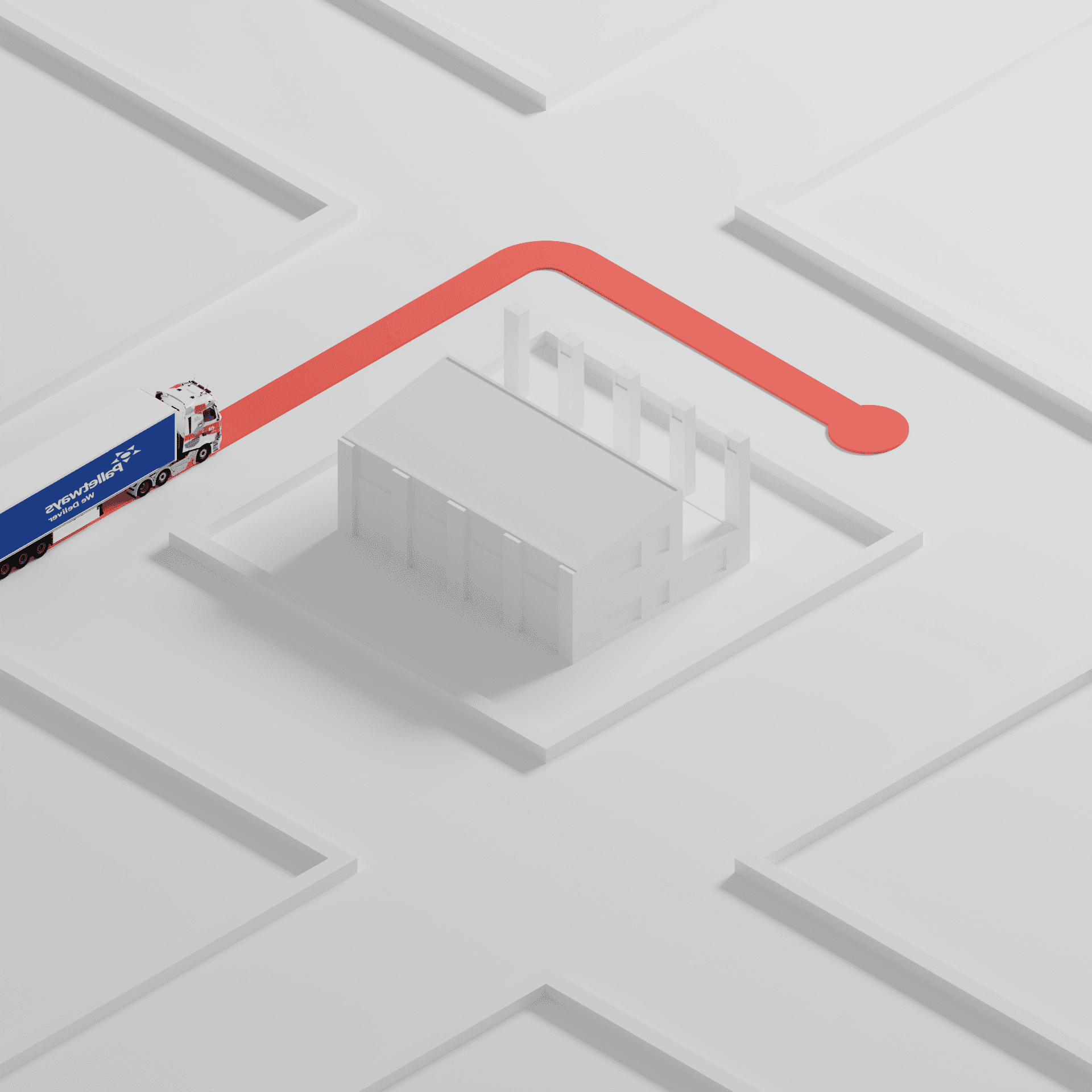 Truck driving around an aerial view of building to a defined location