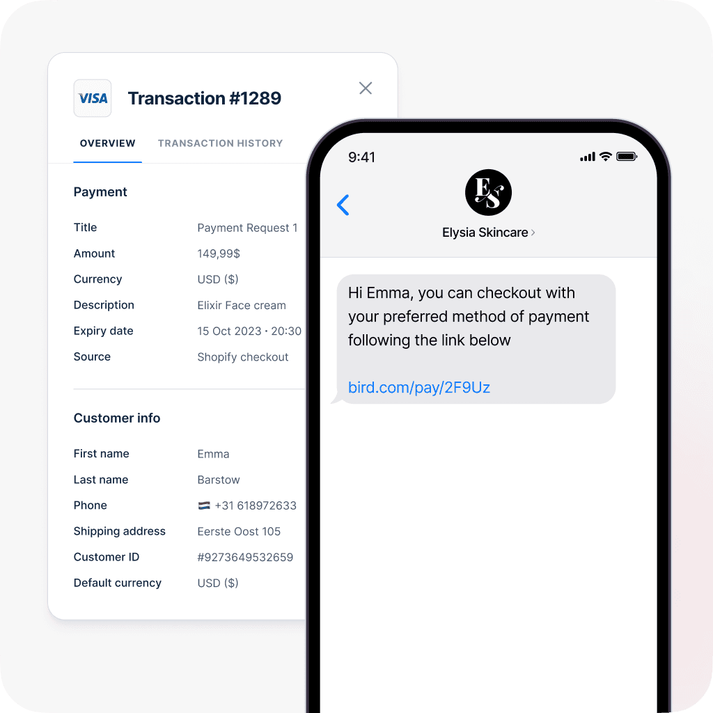 Split screen showing transaction details dashboard and payment link shared via SMS chat