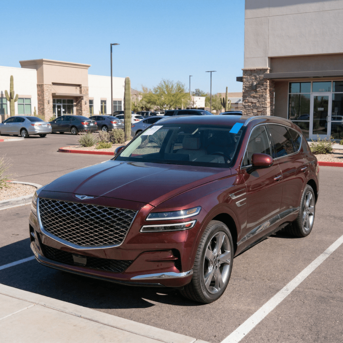 Red Hyundai Tucson parked along a Glendale street after Bang AutoGlass completed a mobile glass installation