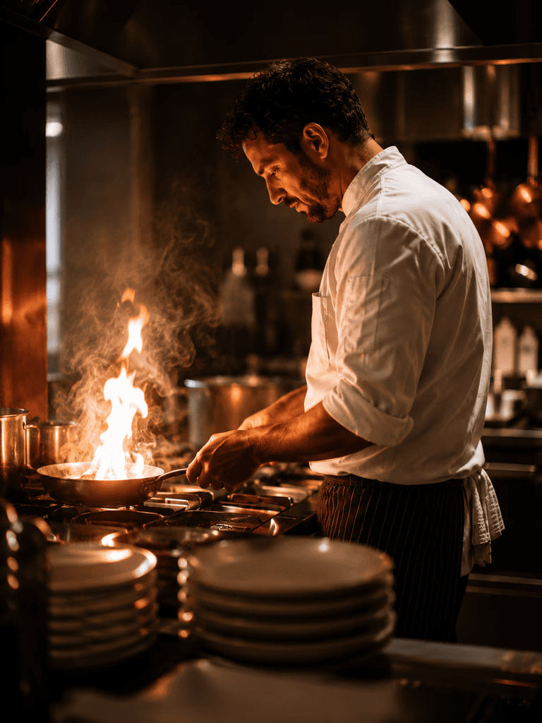 Chef cooking over open flame in a professional kitchen, copper pans and stacked plates in warm candlelit light