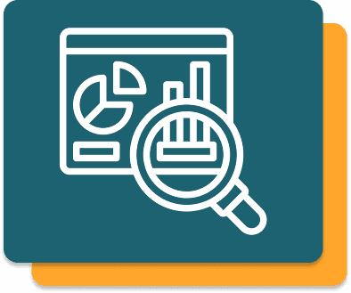 An icon of statistical bar graphs and pie charts under a magnifying glass.