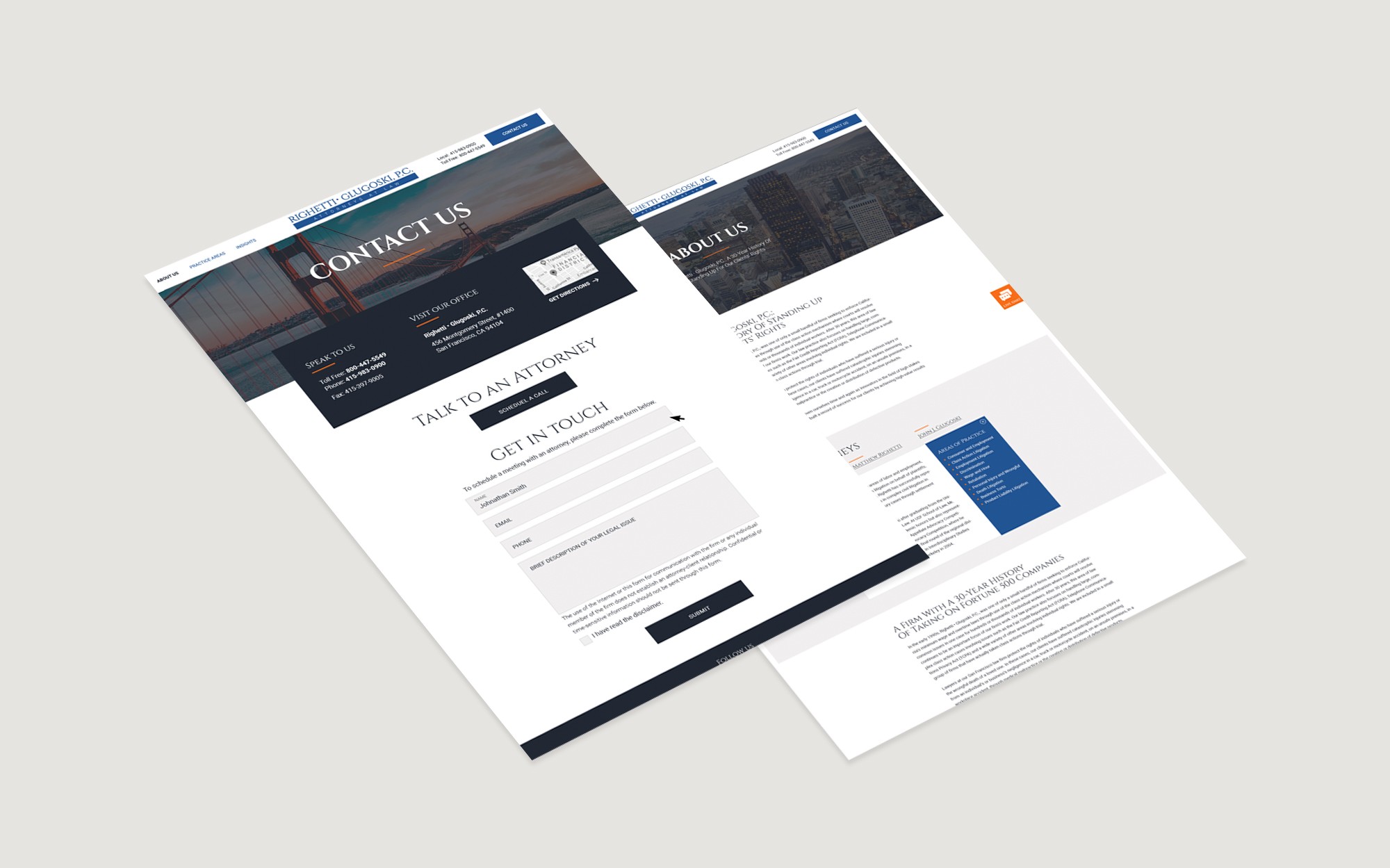 Two-page website mockup design for Righetti Glugoski P.C. showcasing the contact and about pages.