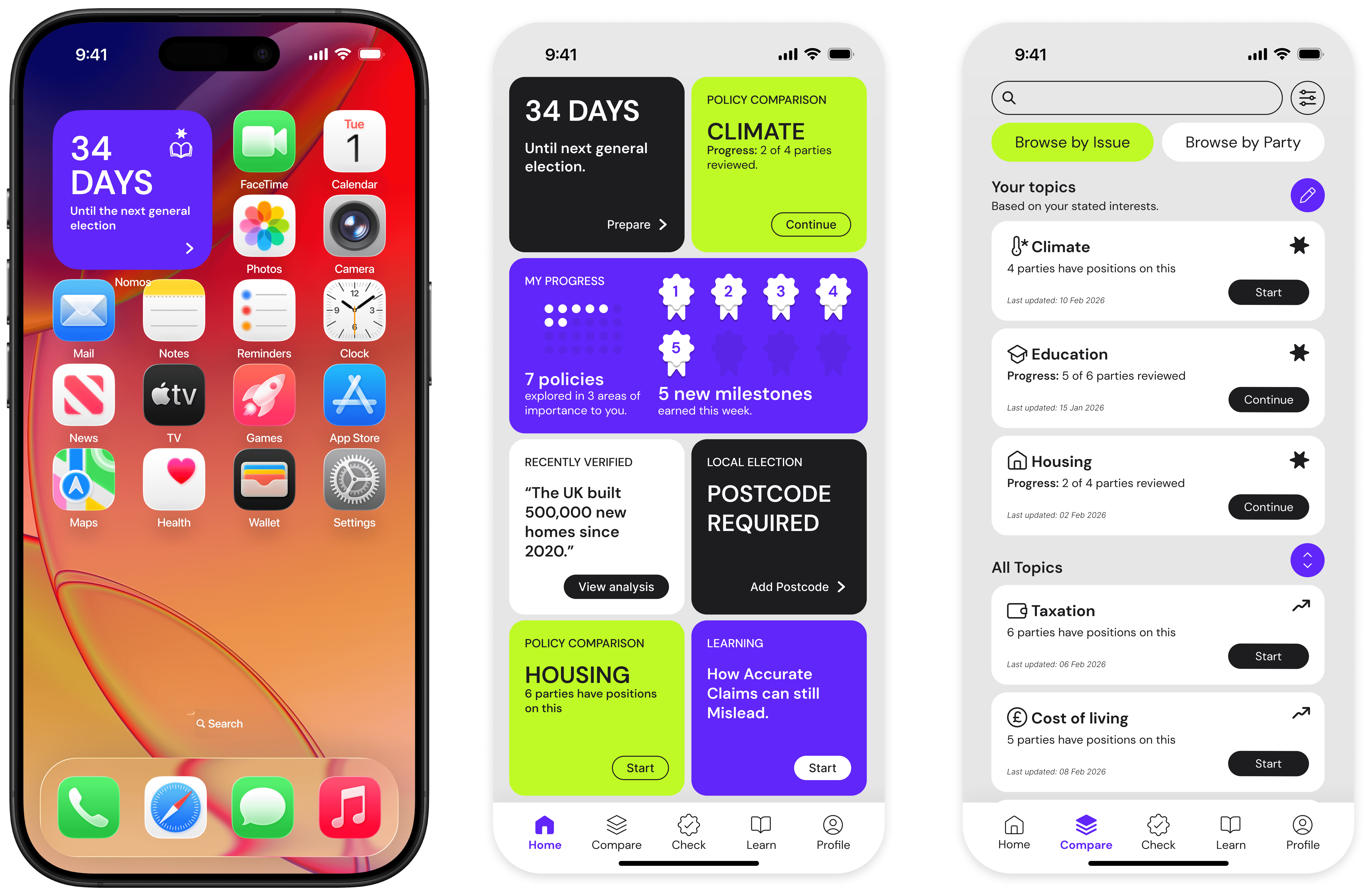 Nomos light mode 3 screens.