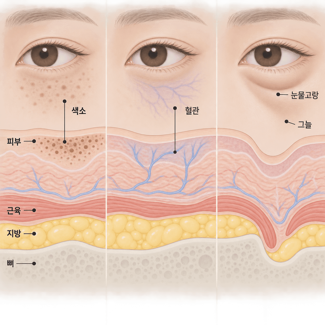 갈색 색소, 비치는 혈관, 꺼진 굴곡의 그늘은 눈밑에서 각각 다른 층에 있어요