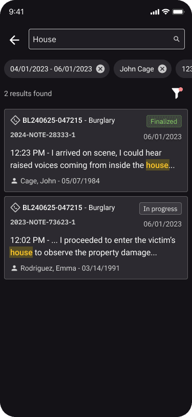 The search interface within the Digital Notes app showing active filters and keyword results for specific incident notes.