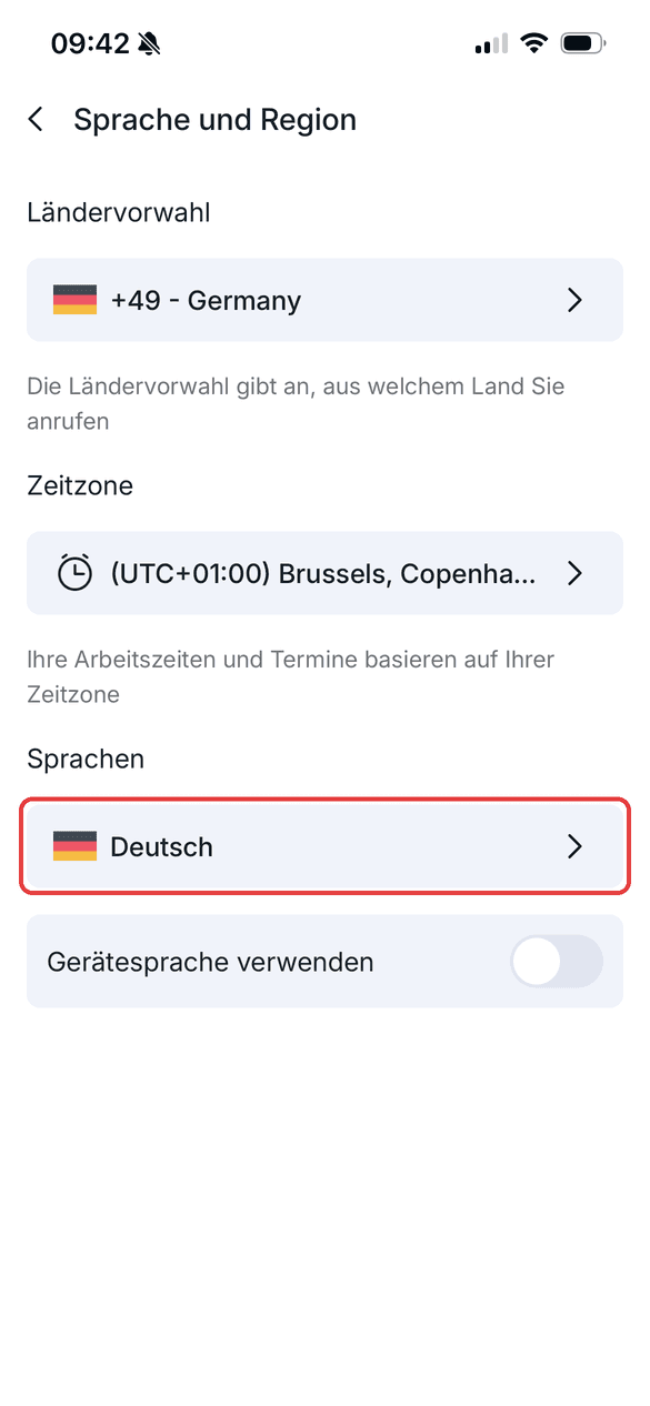 Sprache und Region in der Ringover-App