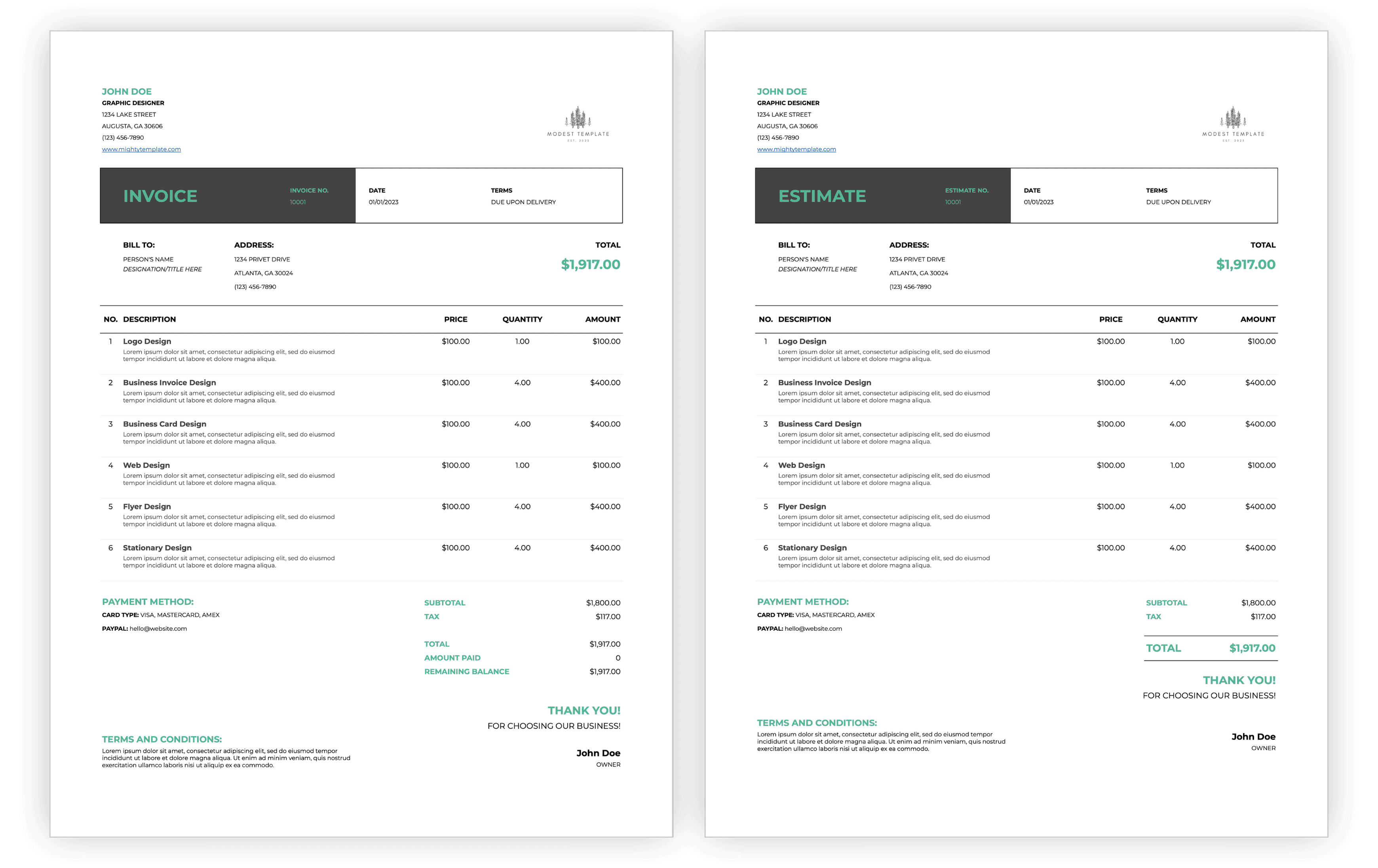 Professional business invoice and estimate templates side-by-side mockup in clean modern design with green accents – Mighty Template