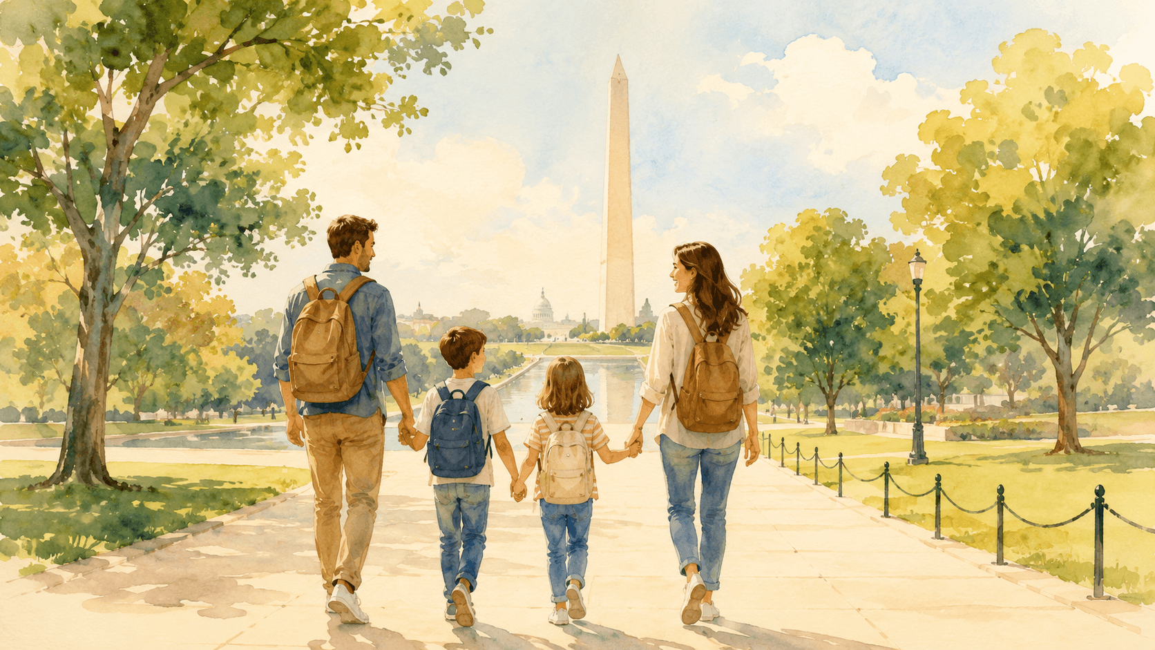 ilustração de familia nos Estados Unidos em uma viagem emitida com milhas