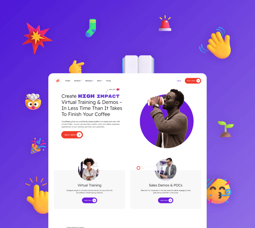 A colourful landing page promoting virtual training and sales demos, featuring bold text, two profile cards, and a man with a microphone in a circular photo.