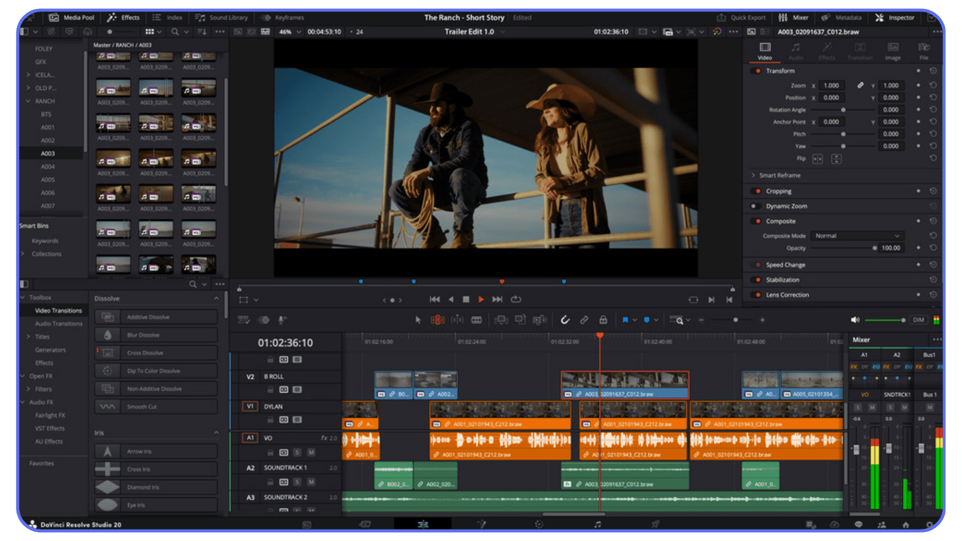 DaVinci Resolve interface with timeline and preview of a western short film scene during video editing.