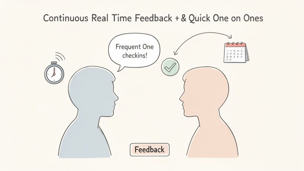 Visual illustrating continuous real-time feedback and quick one-on-one check-ins between two individuals.