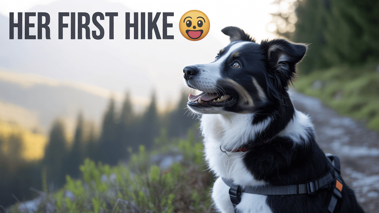 Border Collie puppy on misty forest trail wearing hiking harness under Her First Hike text