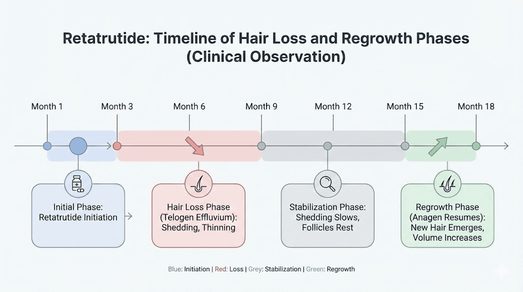 Retatrutide hair loss timeline showing shedding onset, peak, and recovery phases