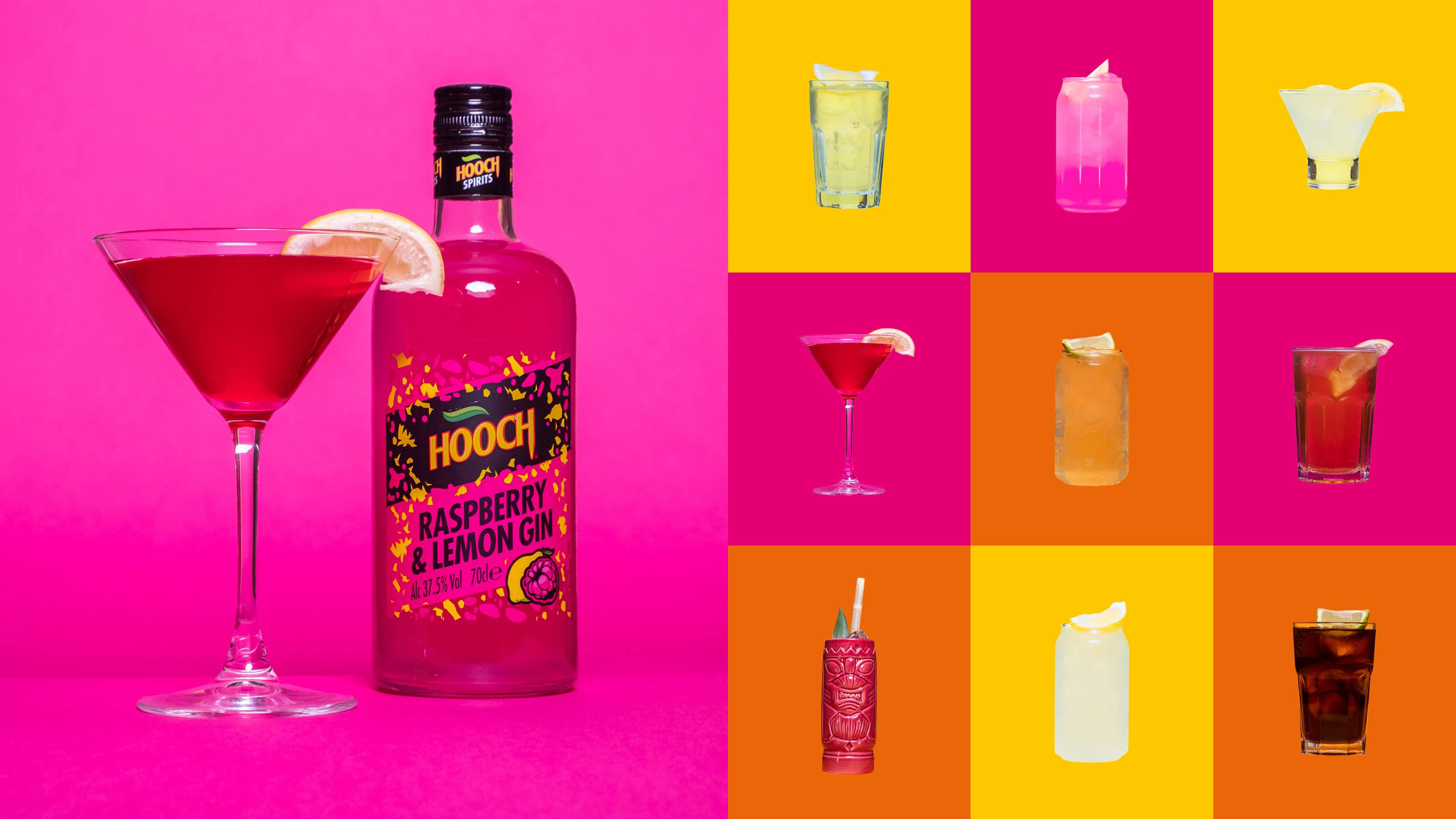 Hooch Spirits branded campaign visual featuring bold colour blocks, spirits bottles, cocktail serves and flavour-led packaging.